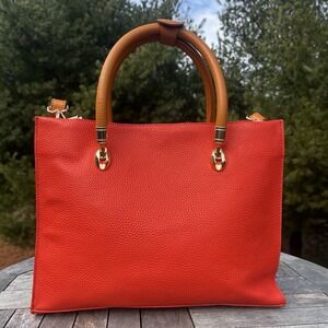 VALENTINA Satchel Handbag Italian Leather Orange Triple Pockets Crossbody Strap